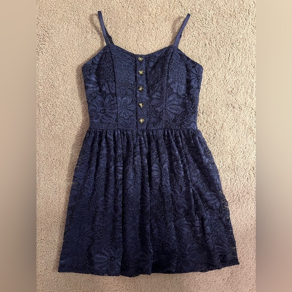 BCX Navy Blue Lace Mini Dress M Juniors Fit Flare Sweetheart Neck Button - Picture 2 of 8